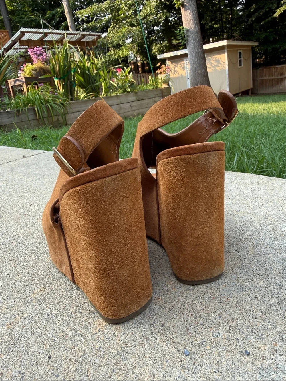 BCBGeneration Fader Tan Suede Peep Toe Platform Slingback Wedge Sandals Size 6M